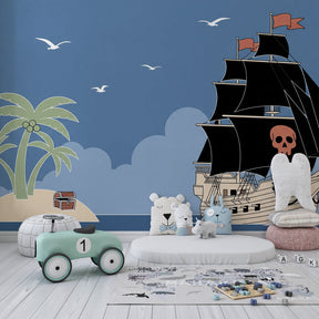Children's pirate ship mural wallpaper inspiring imaginative play in colorful playroom