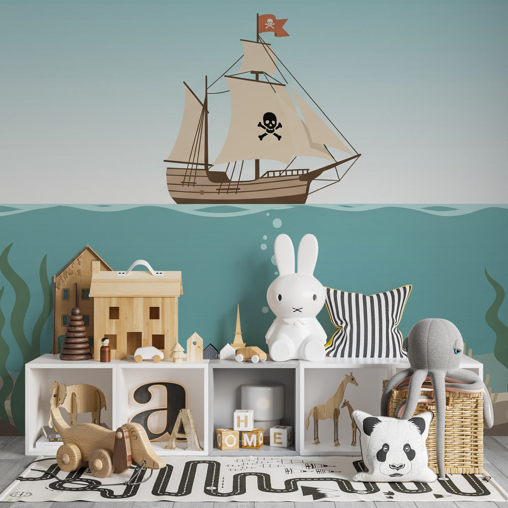 Maritime themed mural wallpaper transforming kids playroom into pirate treasure cove
