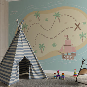 Pirate themed mural wallpaper transforming children's playroom into adventure island by Kids-Mundo