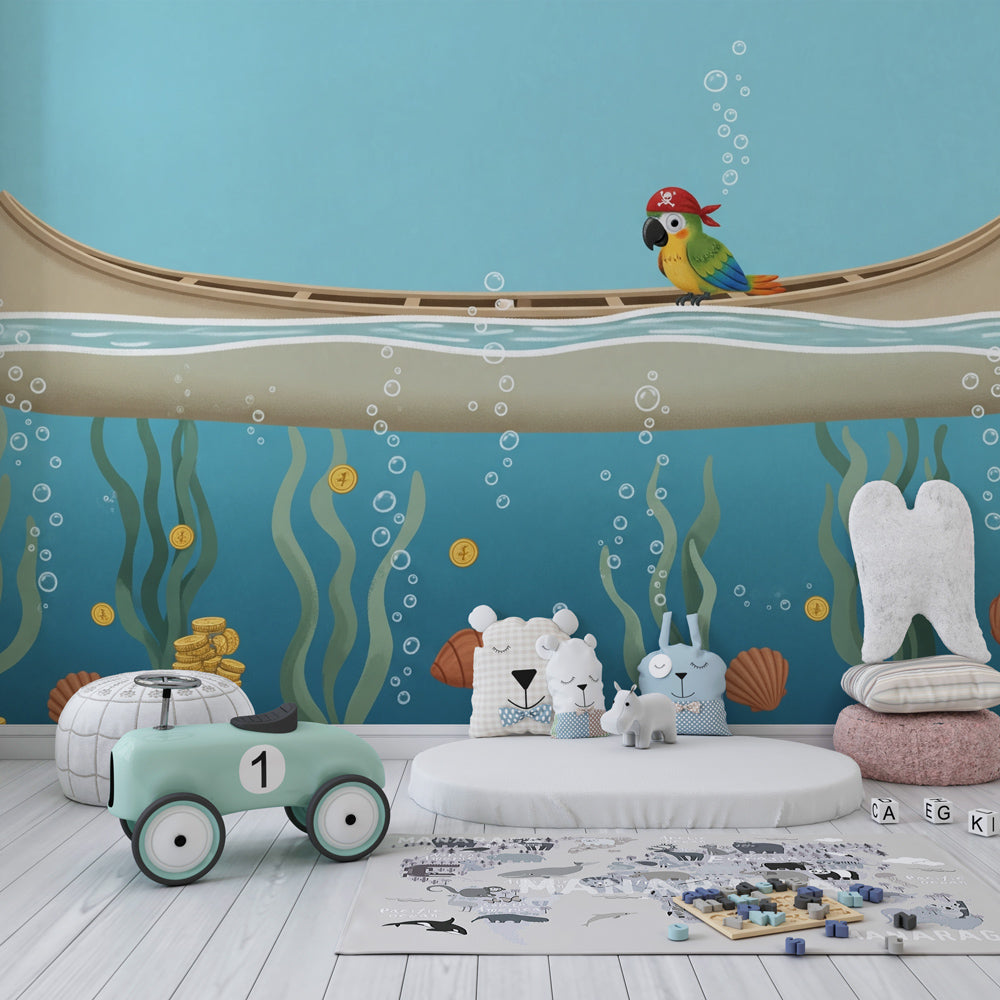 Maritime pirate parrot mural wallpaper transforming kids playroom into underwater treasure hunt scene