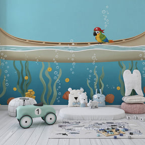 Maritime pirate parrot mural wallpaper transforming kids playroom into underwater treasure hunt scene