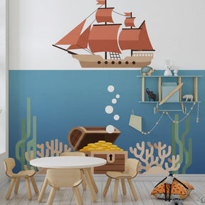 Underwater treasure mural wallpaper transforming kids playroom into pirate adventure zone