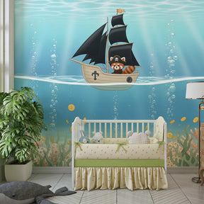 Children's underwater pirate mural wallpaper transforming playroom into ocean adventure space