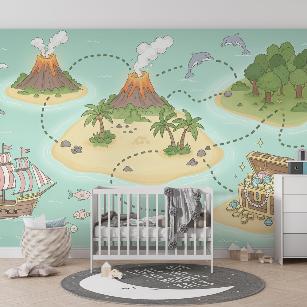 Playroom decor with treasure hunt mural wallpaper creating nautical adventure atmosphere