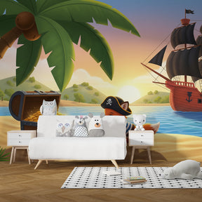 Treasure hunt themed mural wallpaper transforming kids playroom into pirate adventure space