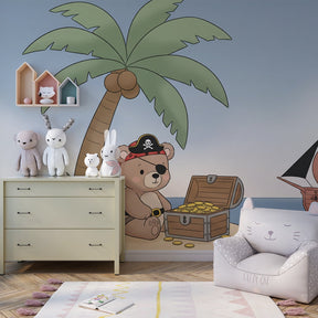 Tropical pirate bear wallpaper creating adventure-themed kids bedroom decor