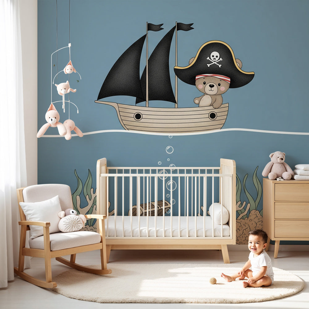 Pirate bear underwater adventure mural wallpaper in modern nursery room by Kids-Mundo