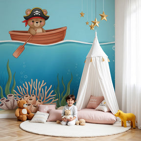 Pirate bear mural wallpaper creating ocean adventure theme in modern kids nursery by Kids-Mundo