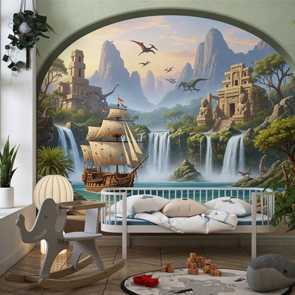 Kids-Mundo dinosaur lagoon mural with pirate ship behind a bed in a kids bedroom