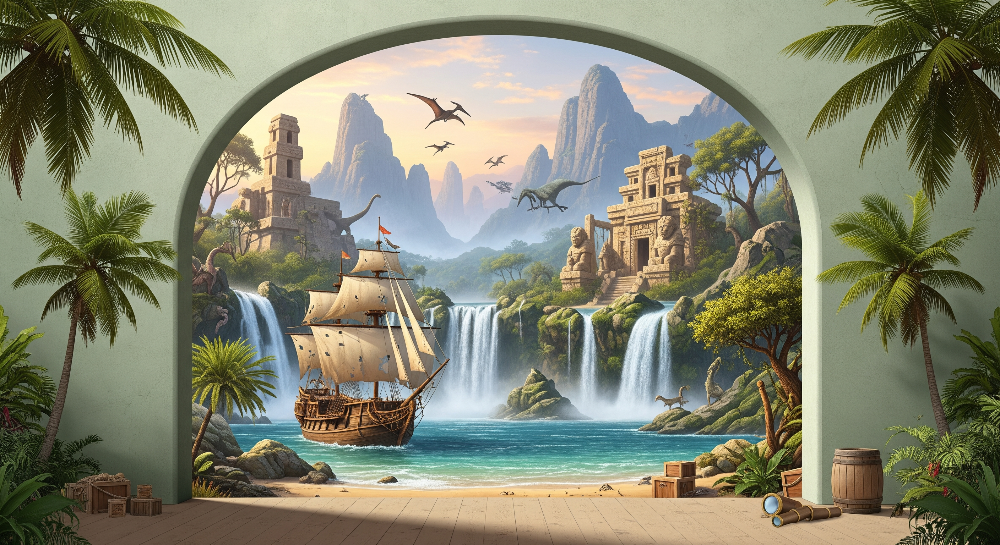 Kids-Mundo flat artwork of a stone archway framing a pirate ship dinosaur lagoon