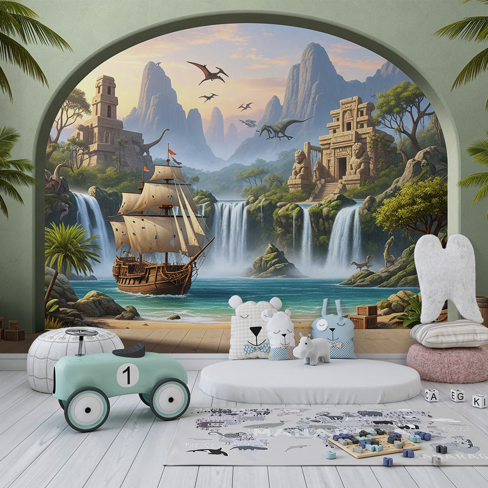 Kids-Mundo tropical dinosaur mural bringing a pirate adventure scene to a playroom