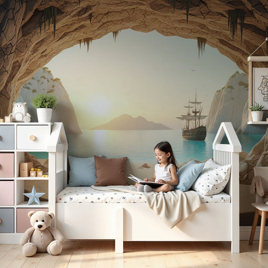 Kids-Mundo pirate ship cove wall mural styled in a warm sunrise-toned nursery.
