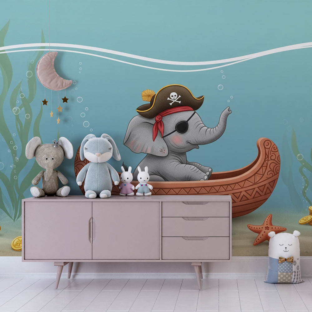 Ocean-themed pirate elephant wallpaper transforming children's playroom space