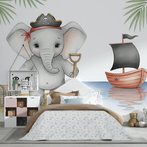 Tropical pirate elephant mural wallpaper transforming toddler bedroom into adventure paradise
