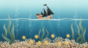 Detailed pirate fox underwater adventure mural wallpaper design pattern with coral and treasures by Kids-Mundo