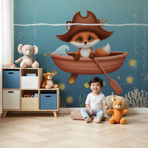 Pirate fox mural wallpaper creating magical underwater nursery decor with treasure theme by Kids-Mundo