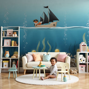 Pirate fox underwater adventure mural wallpaper in modern nursery with wooden crib by Kids-Mundo