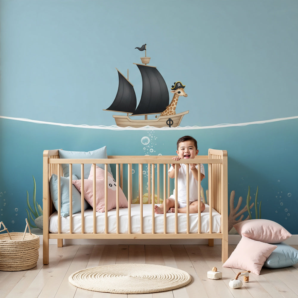 Pirate giraffe underwater adventure mural wallpaper in modern nursery room by Kids-Mundo