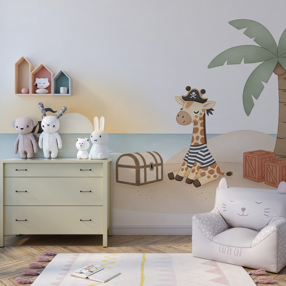 Maritime themed mural wallpaper with giraffe pirate creating magical playroom atmosphere