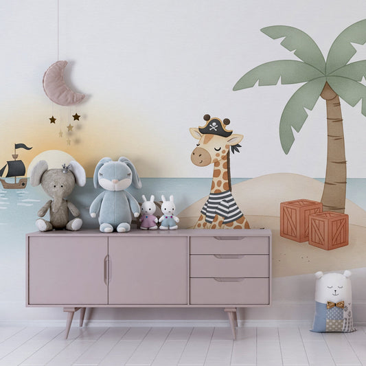 Kids-Mundo pirate giraffe wall mural bringing a treasure island scene to a kids bedroom.