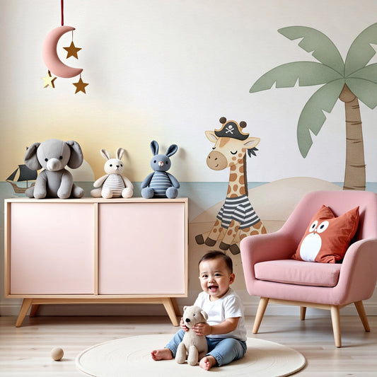Pirate giraffe wall mural by Kids-Mundo styled in a playful, sunset-toned nursery.