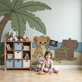 Pirate lion mural wallpaper in modern boys bedroom with treasure island adventure theme by Kids-Mundo