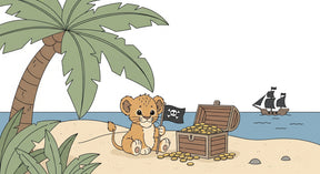 Detailed pirate lion treasure island mural wallpaper design pattern showing tropical beach scene by Kids-Mundo