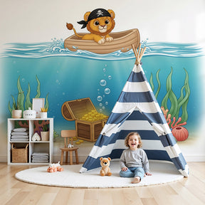 Pirate lion underwater adventure mural wallpaper in modern children's bedroom by Kids-Mundo