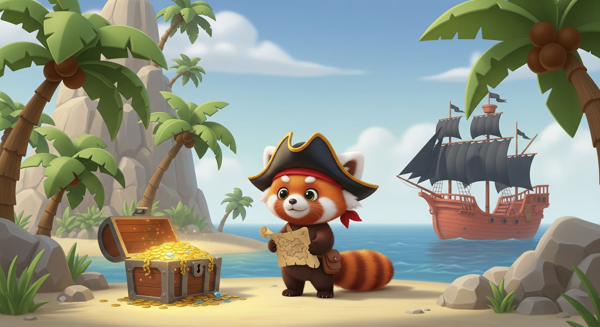 Detailed pirate panda mural wallpaper design pattern showing treasure hunt beach scene by Kids-Mundo