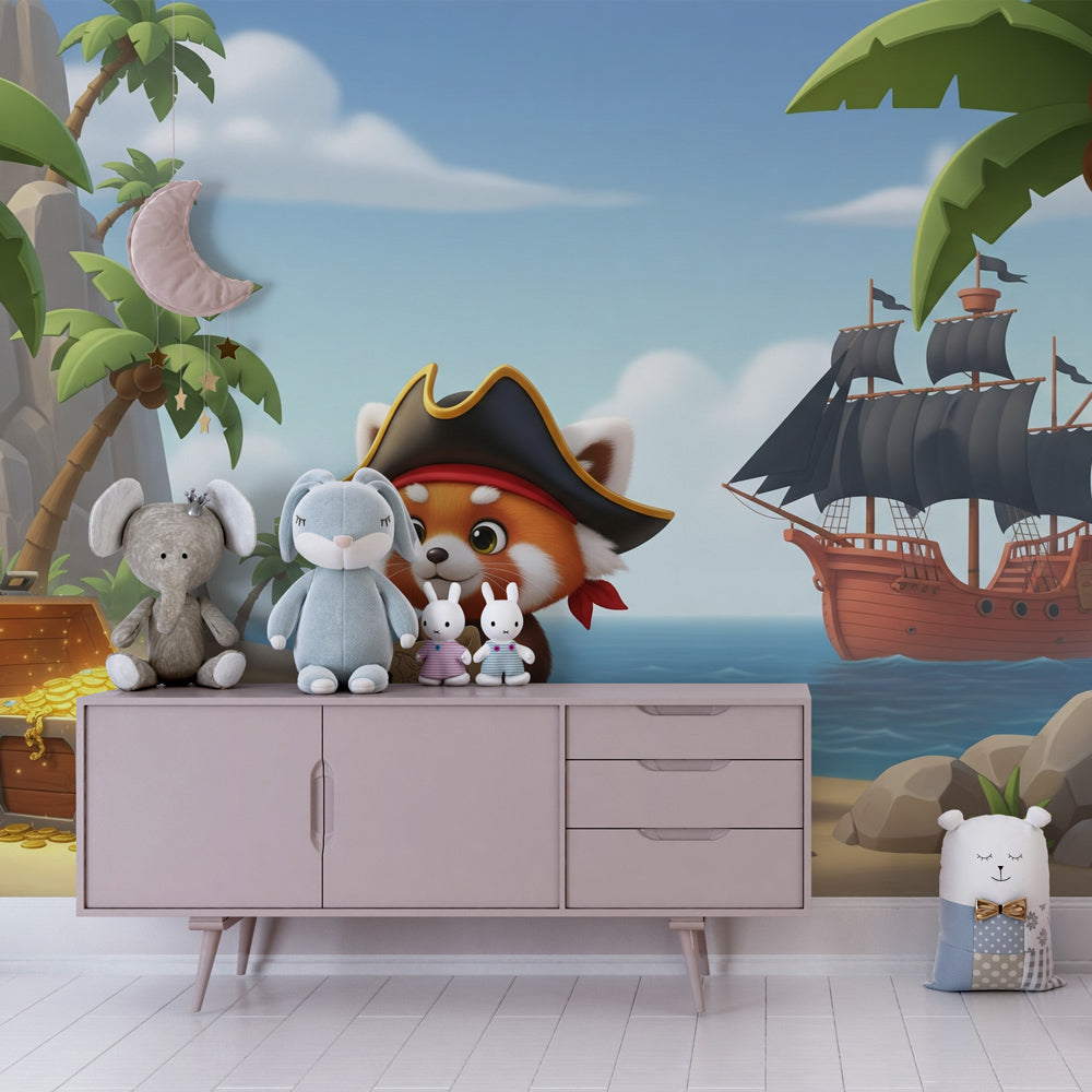 Treasure hunt themed mural wallpaper transforming nursery into tropical pirate adventure