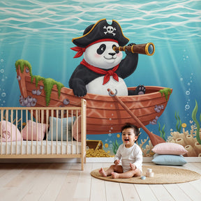 Pirate panda mural wallpaper in modern nursery with underwater treasure theme by Kids-Mundo