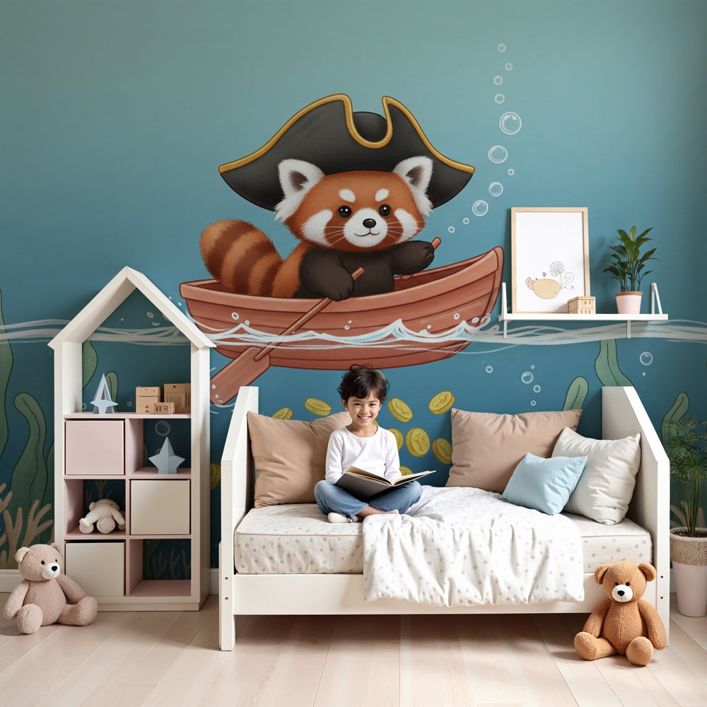 Pirate panda mural wallpaper in modern nursery with ocean adventure theme by Kids-Mundo