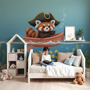 Pirate panda mural wallpaper in modern nursery with ocean adventure theme by Kids-Mundo