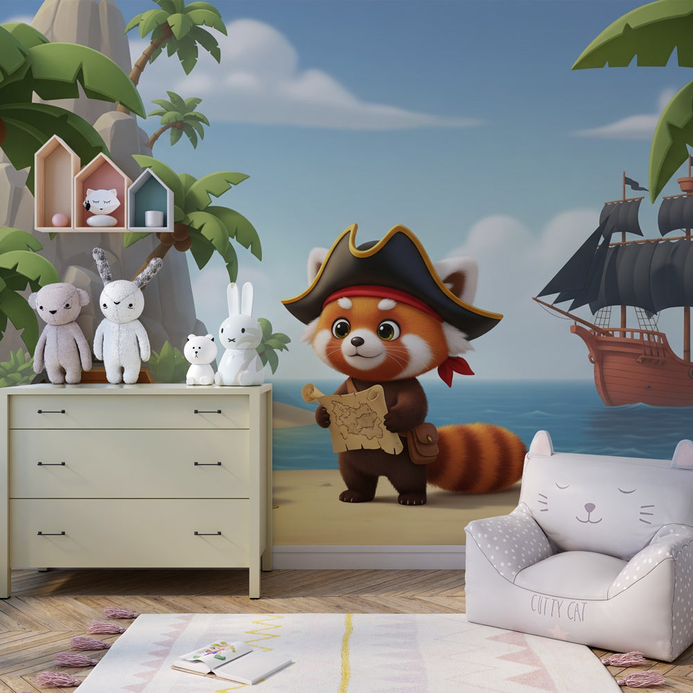 Pirate panda wallpaper with tropical beach scene for children's playroom by Kids-Mundo