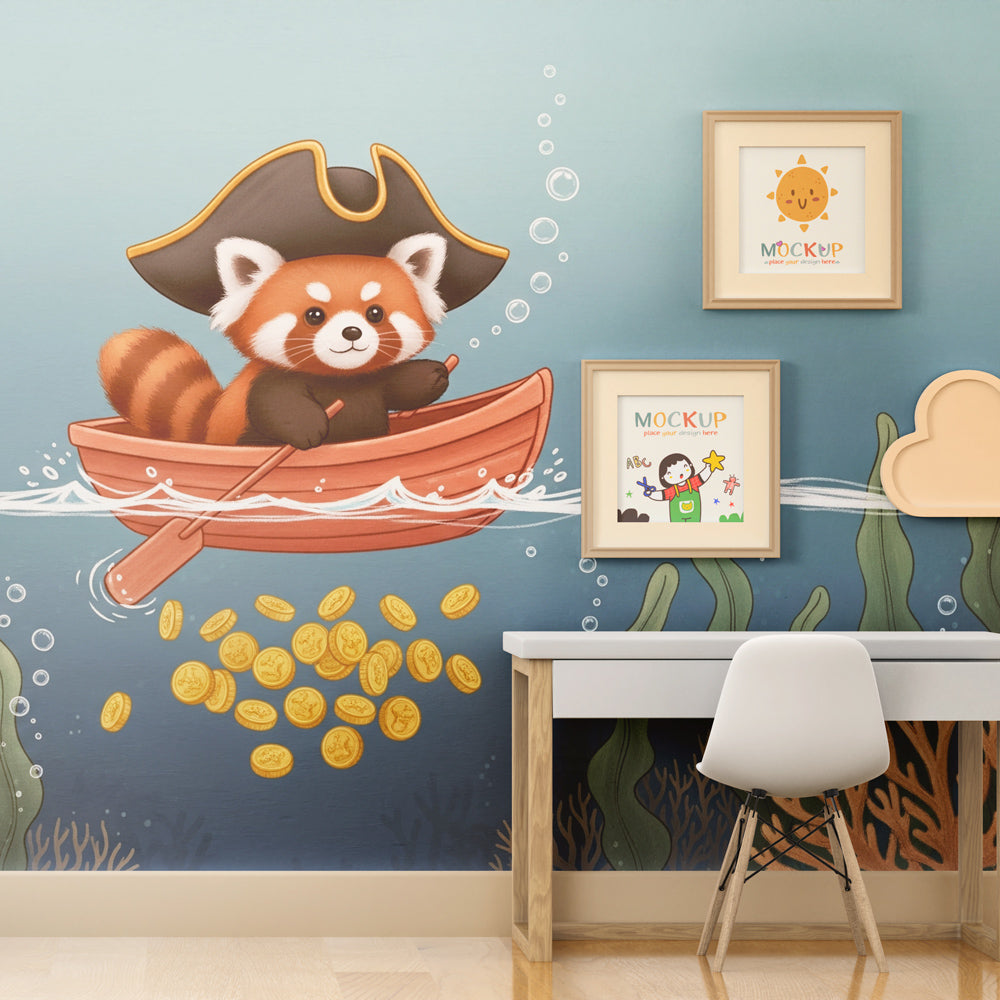 Ocean themed pirate panda mural wallpaper with nautical decor in kids' playroom