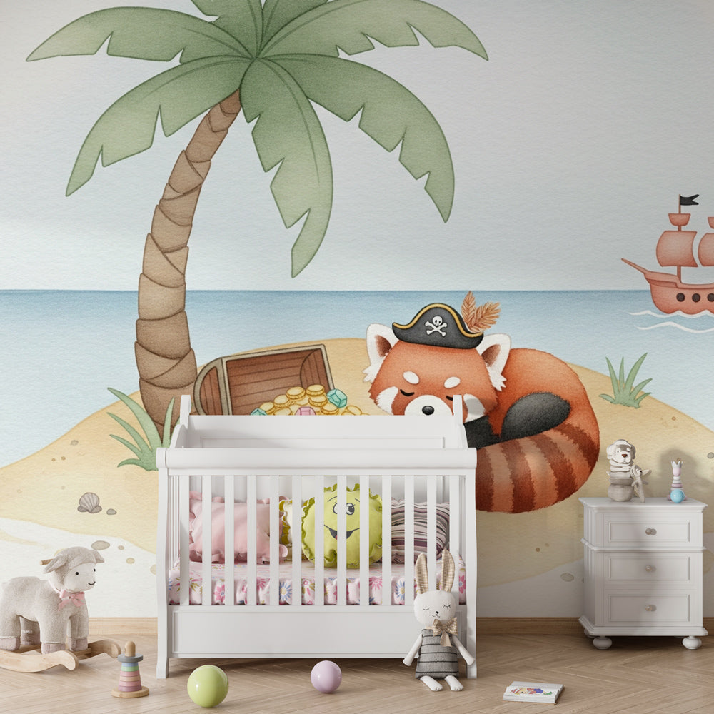 Treasure island mural wallpaper for children's playroom featuring sleeping pirate panda by Kids-Mundo