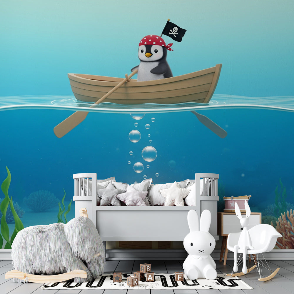Ocean adventure mural wallpaper featuring pirate penguin in children's bedroom decor