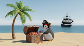 Detailed pirate penguin mural wallpaper design pattern showing tropical beach treasure hunt scene by Kids-Mundo