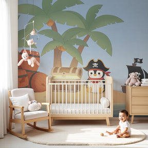 Pirate penguin mural wallpaper in modern nursery creating tropical adventure theme by Kids-Mundo