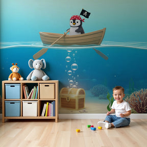 Pirate penguin underwater adventure mural wallpaper in modern nursery by Kids-Mundo