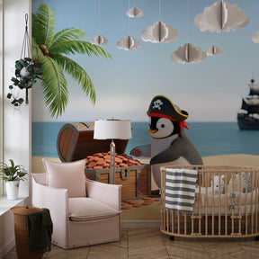 Tropical pirate penguin wallpaper creating adventurous nursery decor with treasure chest and palm trees