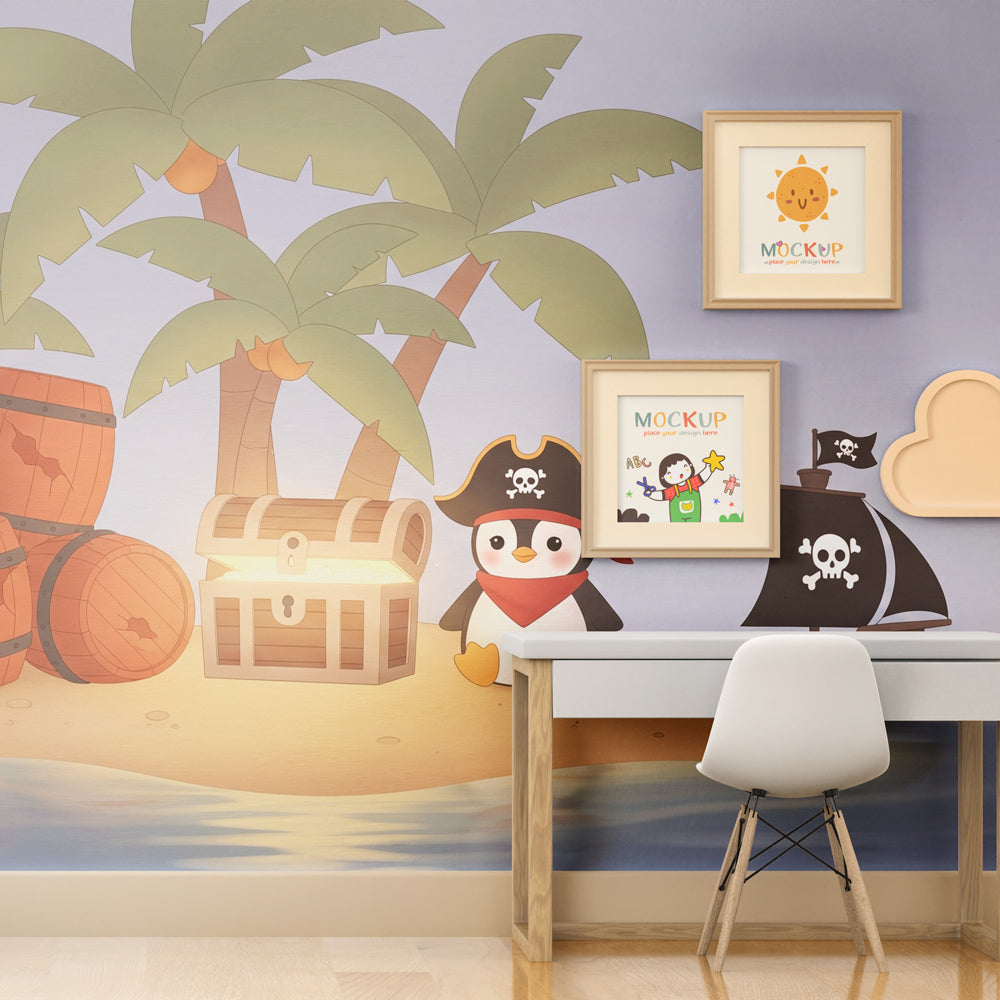 Children's pirate themed mural wallpaper with penguin and treasure chest in colorful playroom setting