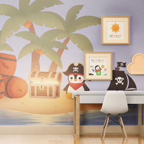Children's pirate themed mural wallpaper with penguin and treasure chest in colorful playroom setting