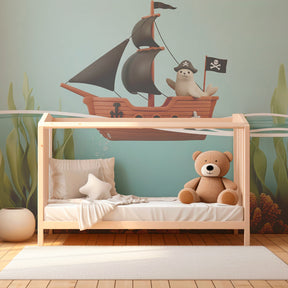 Underwater pirate themed mural wallpaper creating magical kids bedroom atmosphere