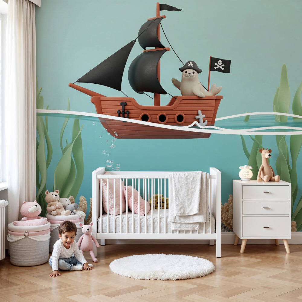 Pirate seal underwater adventure mural wallpaper in modern nursery by Kids-Mundo