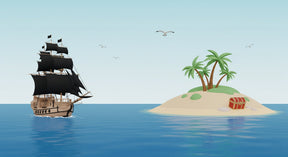 Detailed pirate ship and treasure island mural wallpaper design pattern showing maritime adventure theme