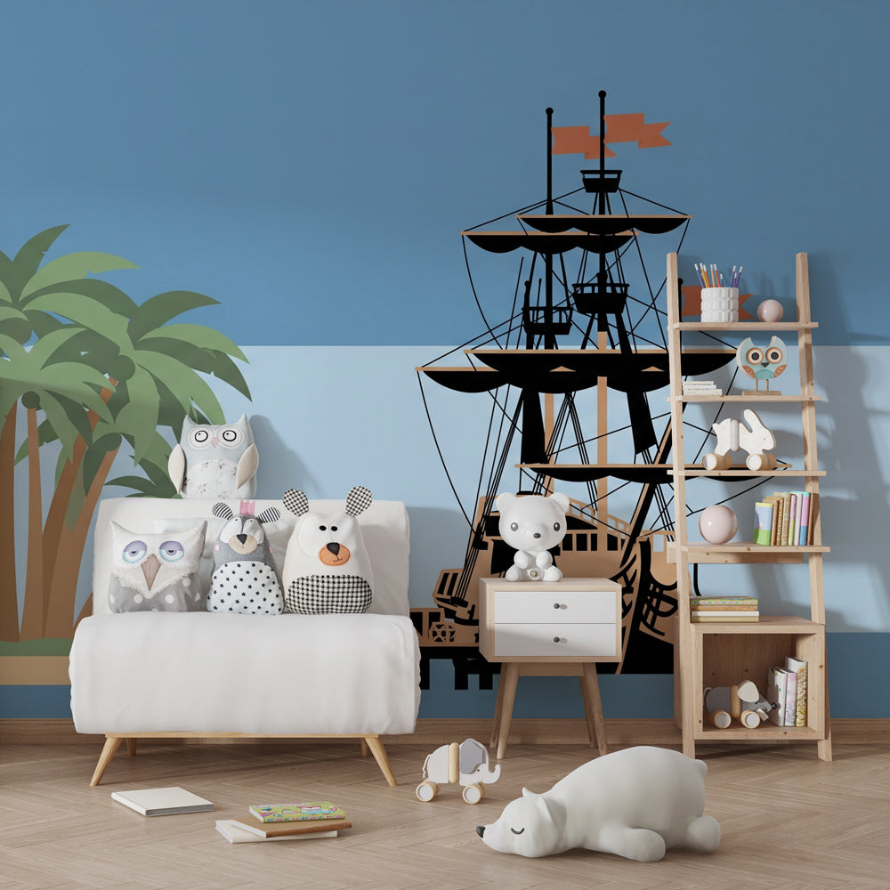 Maritime pirate ship wallpaper transforming children's playroom into ocean adventure