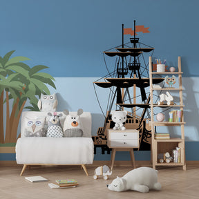 Maritime pirate ship wallpaper transforming children's playroom into ocean adventure