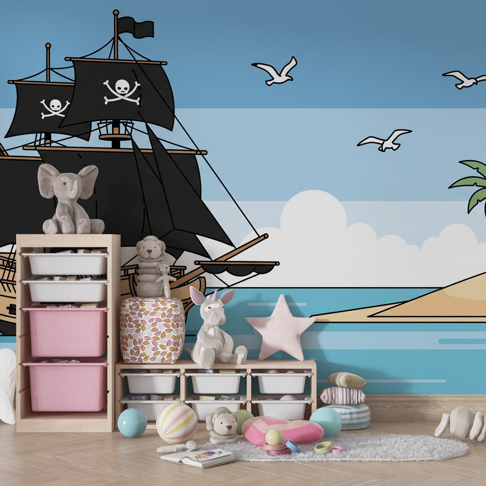 Pirate adventure wallpaper transforming children's playroom with sailing ship and treasure island scene