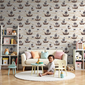 Pirate ships mural wallpaper creating adventure-themed nursery decor by Kids-Mundo
